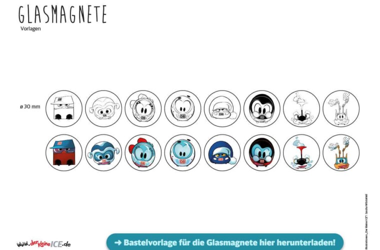 Bastelvorlage Glasmagente mit Comicfiguren und Konturenzeichung zum Ausdrucken