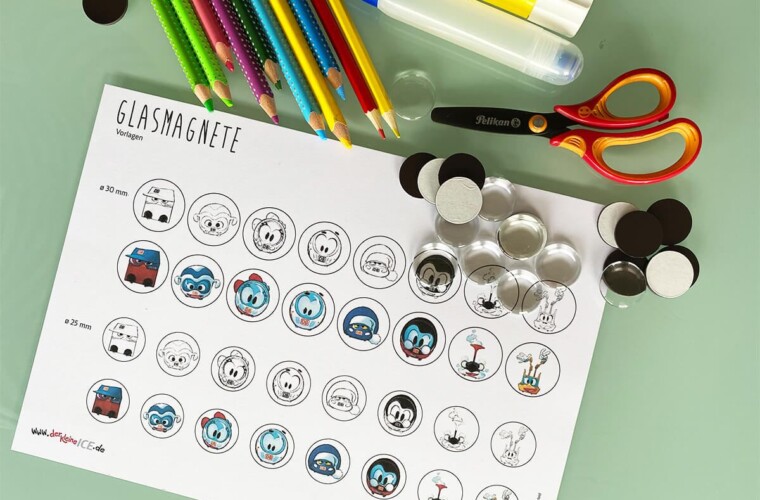 Du brauchst: Glasnuggets, Magnete, Gesichtsausdrucke, Klebstoff, Schere, Stifte.