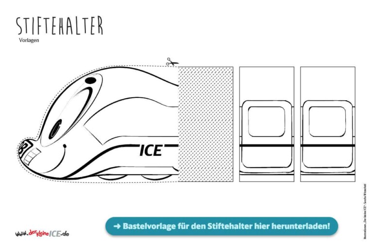 Bastelvorlage Stiftehalter mit Comicfigur "Der kleine ICE" Konturenzeichung zum ausdrucken