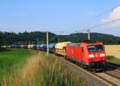 Rote Lokomotive zieht eine Reihe von Waggons