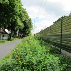 Grüne Schallschutzmauer neben einer Hecke