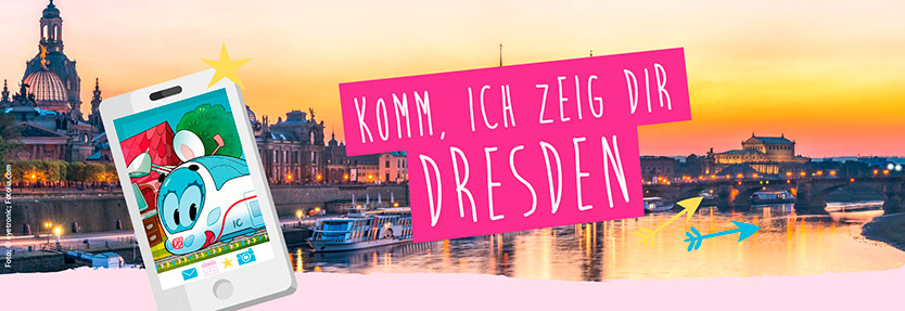 "Komm, ich zeig dir Dresden". Ida lächelt durch ein Handy-Display. Die Elbe fließt durch Dresden im Hintergrund.