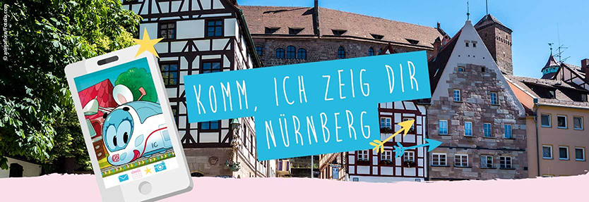 "Komm, ich zeig dir Nürnberg". Ida ist auf einem Handy-Display. Nürnberger Häuser im Hintergrund