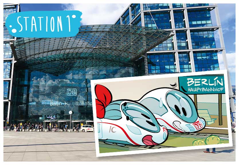 Station 1: Ida und der kleine ICE sind auf einem Bild. Berliner Hauptbahnhof ist im Hintergrund.