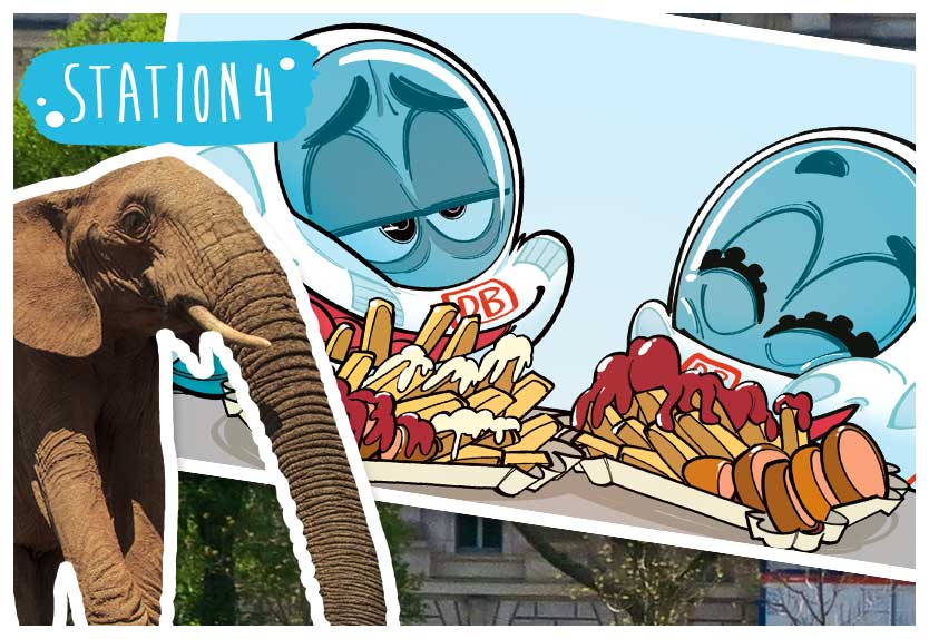 Station 4: Ida und der kleine ICE essen Currywurst und Pommes. Der Elefant ist auf der linken Seite des Bildes