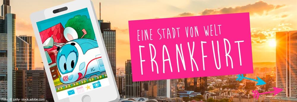 "Eine Stadt von Welt Frankfurt". Ida lächelt durch ein Handy-Display. Frankfurts Skyline ist im Hintergrund.